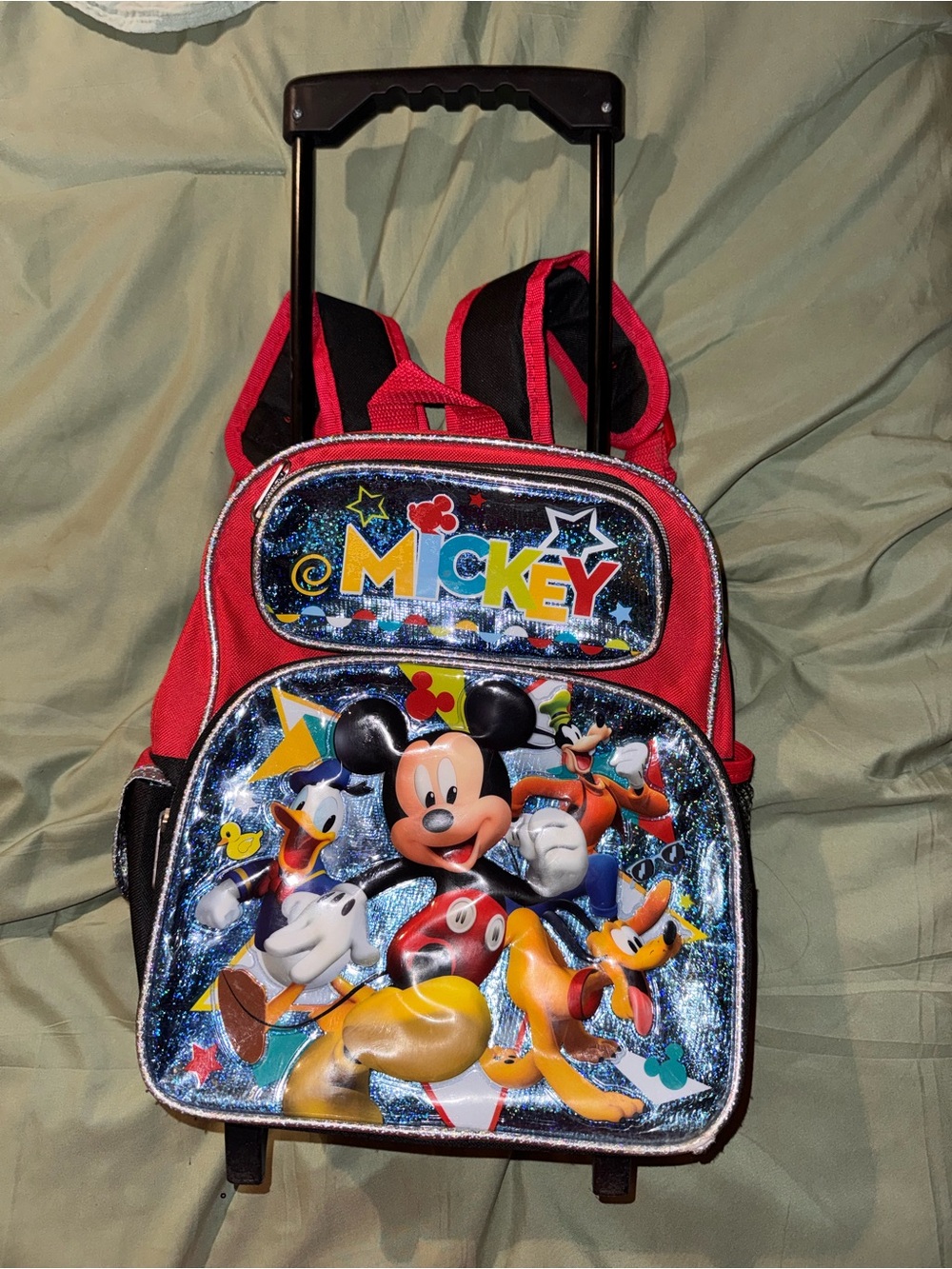 Disney Red and Black Mickey Mouse Rolling Backpack with Multicolor Character Art